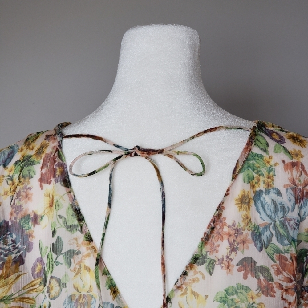 Zara Sheer Floral Cottagecore Tie Sleeve Romantic Flowy Crepe Overlay for Dress - Picture 6 of 8
